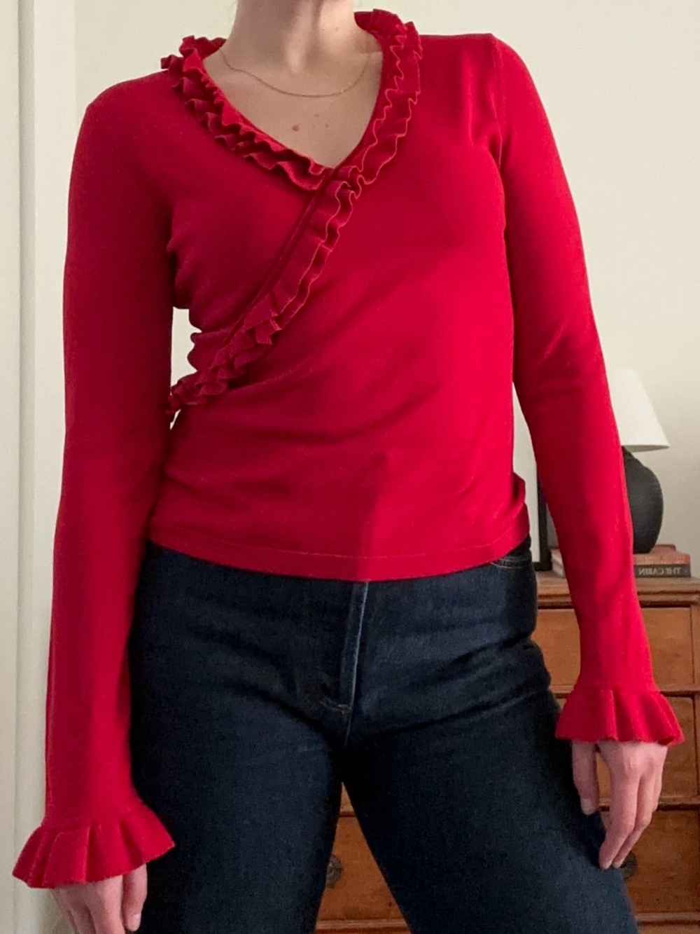 Max Studio Red Ruffle-Trim Long sleeve Top